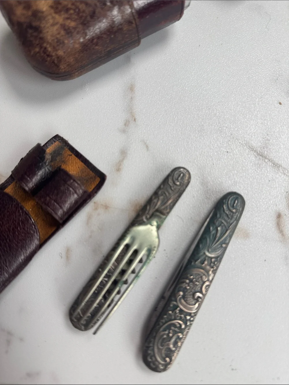 Antique Foldable Travel Fork & Knife Leather Camp Hike Unique Rare